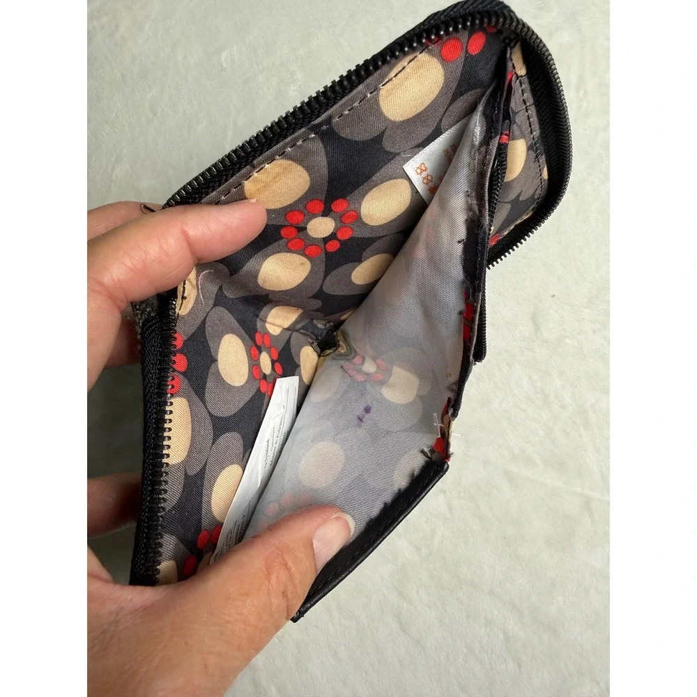 Pistil Womens Zip Around Wallet Charcoal Grey Canvas Black Faux Leather Floral